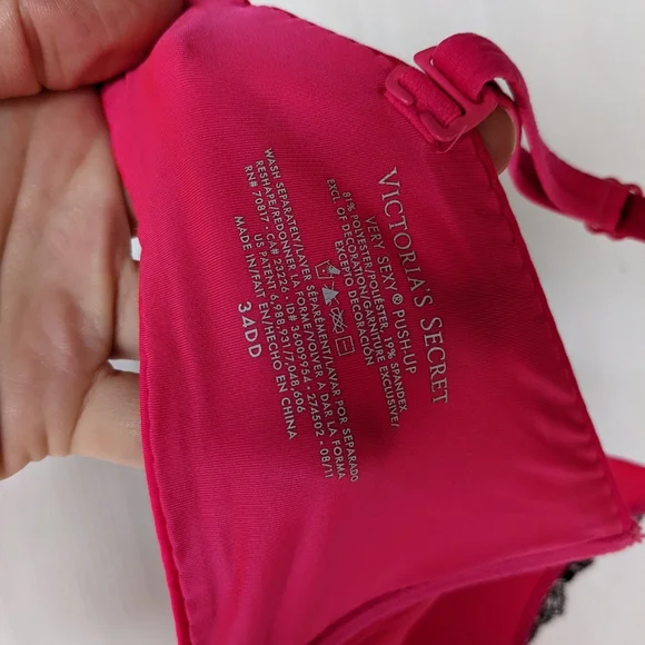 VICTORIA'S SECRET Very sexy push-up bra hot pink black lace 34DD - Picture 2 of 7